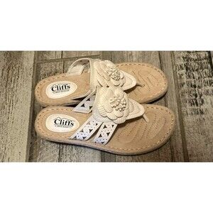 Cliffs by White Mountain Cynthia Wedge Thong Sandals White Floral Sz 9M Slip On